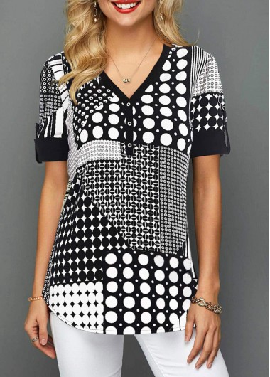 Modlily Short Sleeve V Neck Polka Dot Blouse - XXL