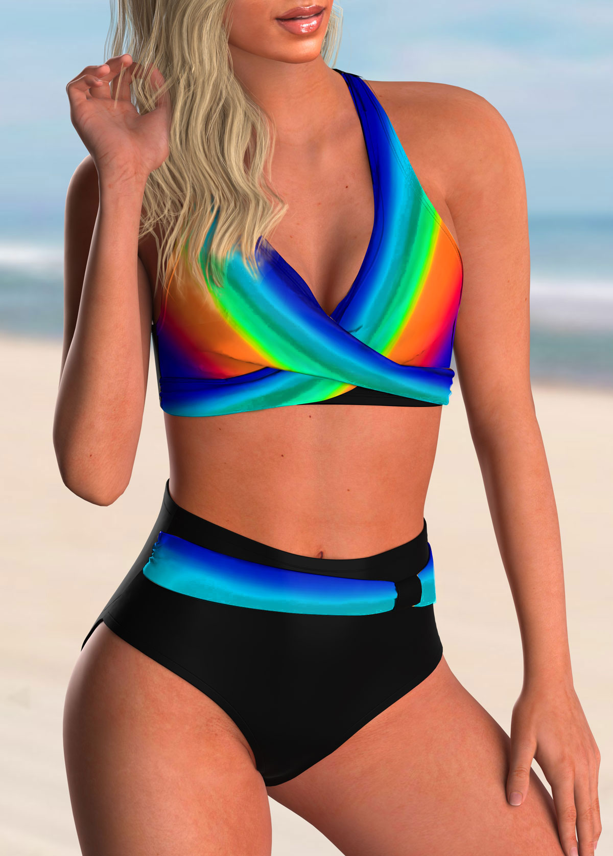 Rainbow Color Cross Front High Waisted Bikini Set