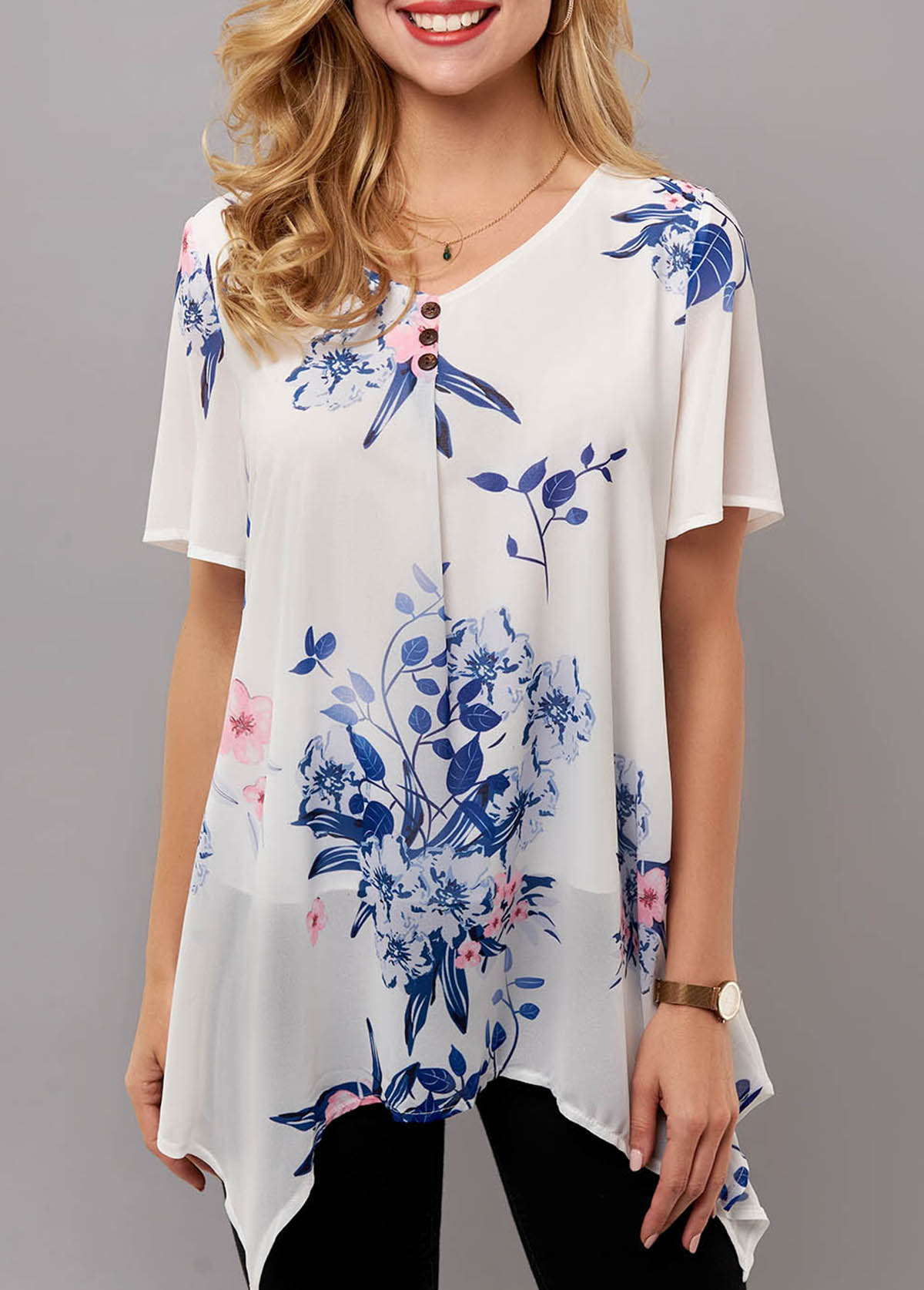 Asymmetric Hem Floral Print Short Sleeve T Shirt | modlily.com - USD 14.98