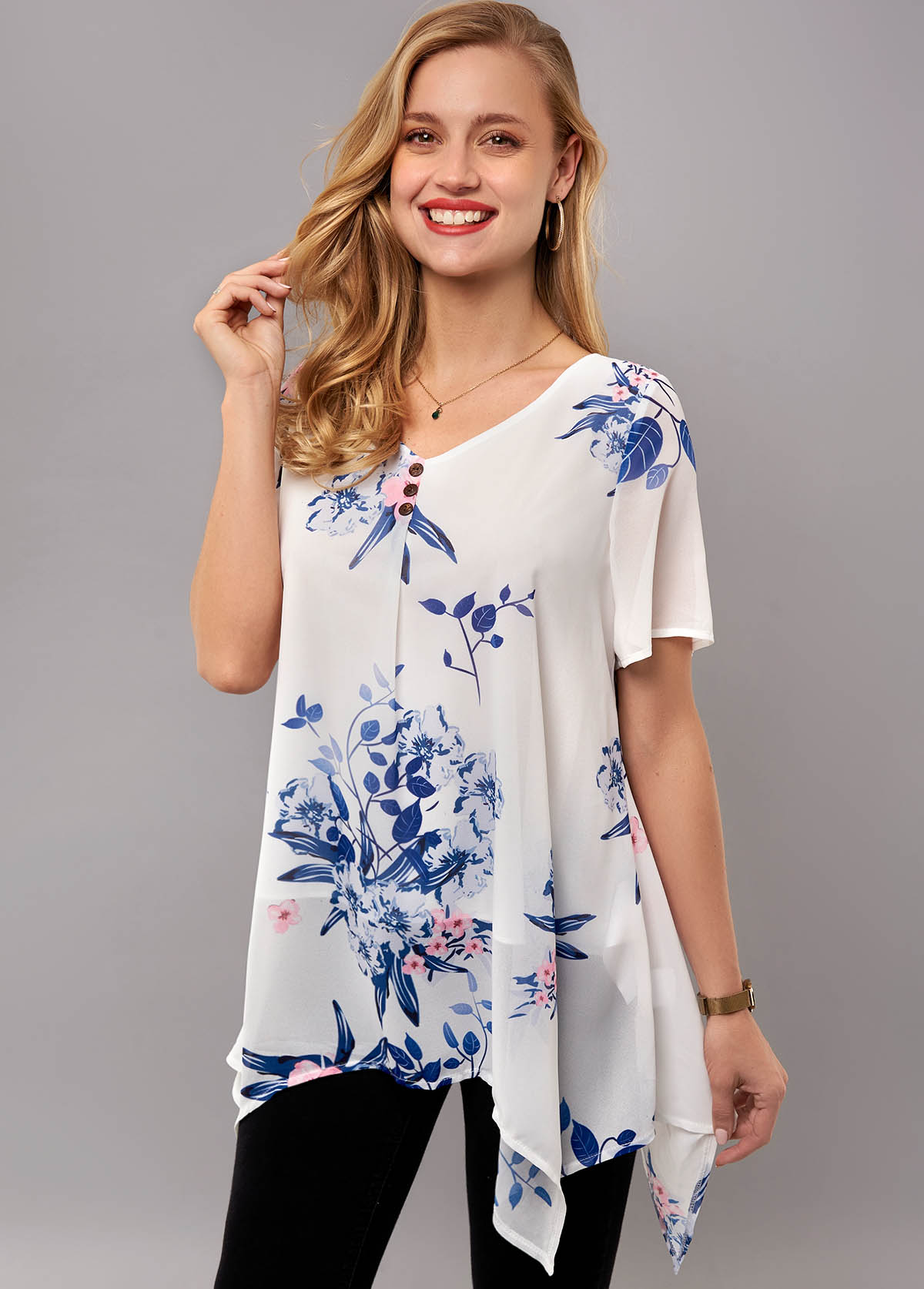 Asymmetric Hem Floral Print Short Sleeve T Shirt