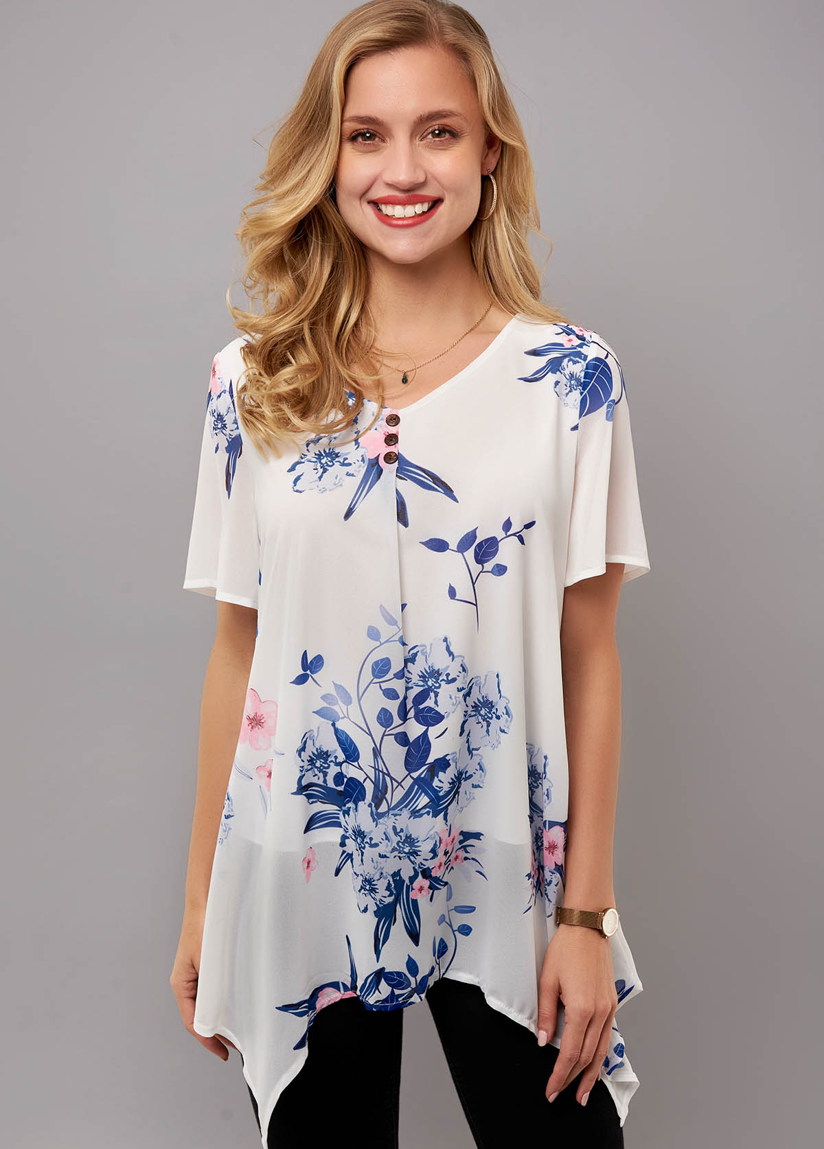 Asymmetric Hem Floral Print Short Sleeve T Shirt