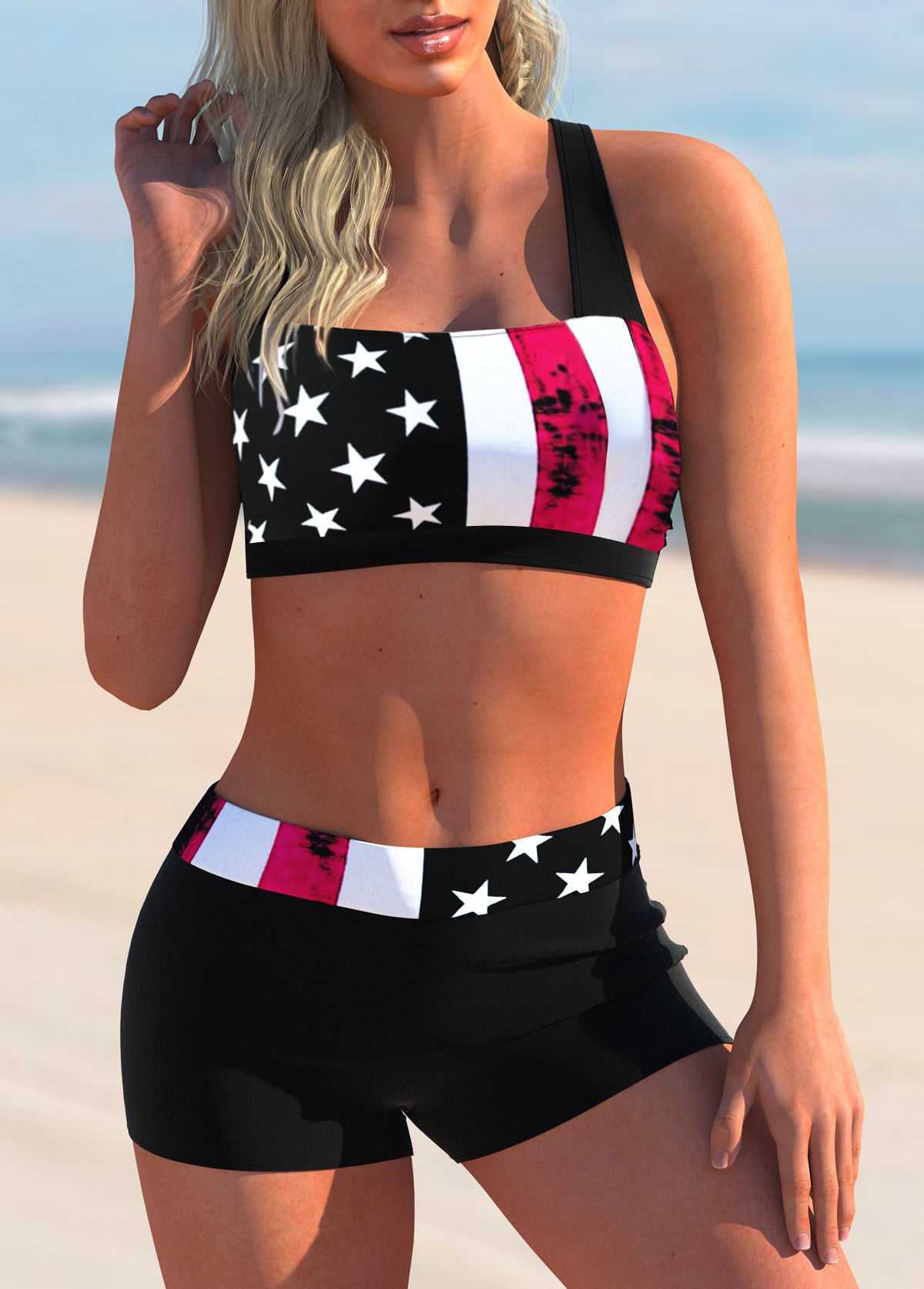 American Flag Print Bowknot Back Bikini Set