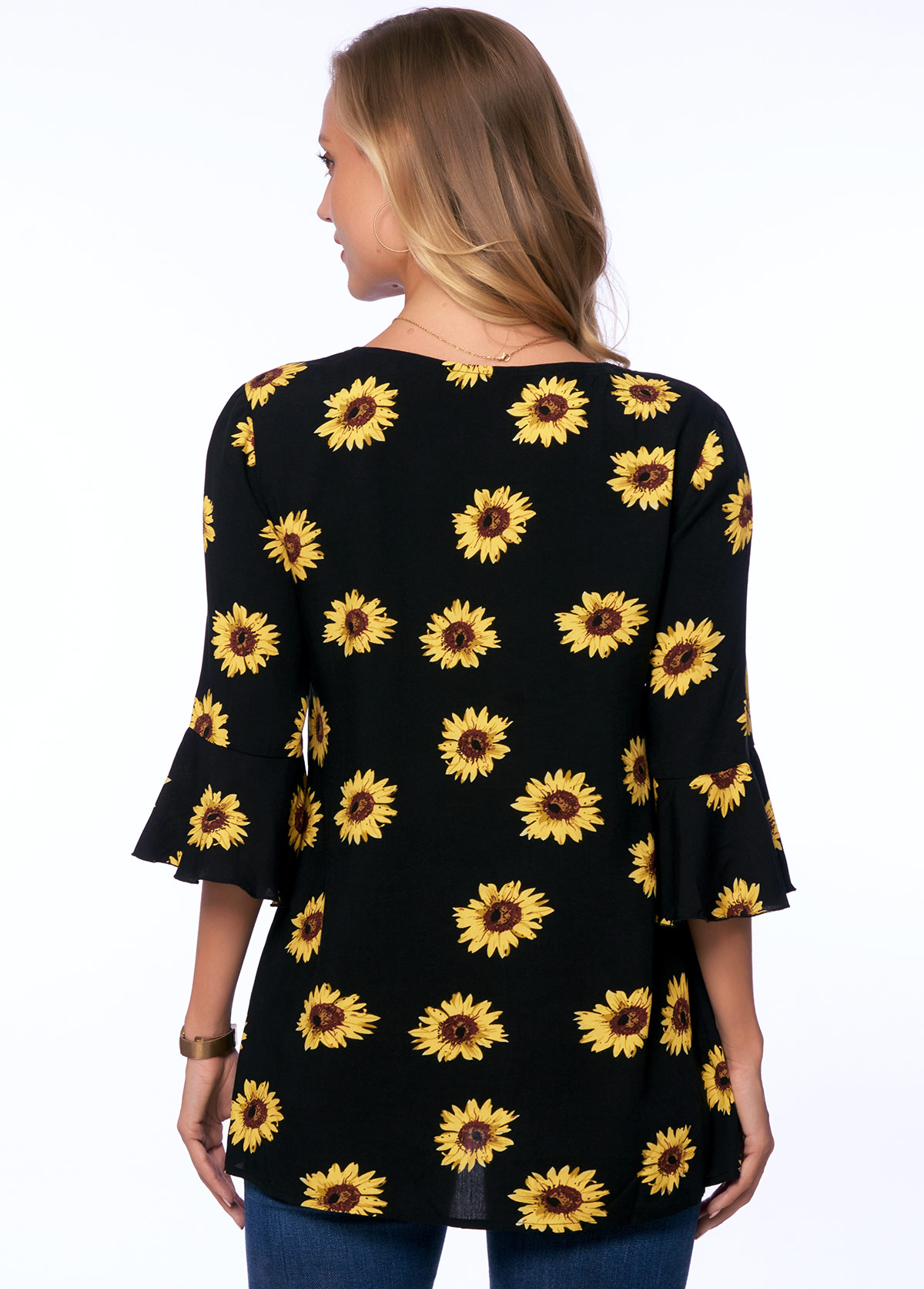 Lace Up Sunflower Print 3/4 Sleeve Blouse USD 26.98