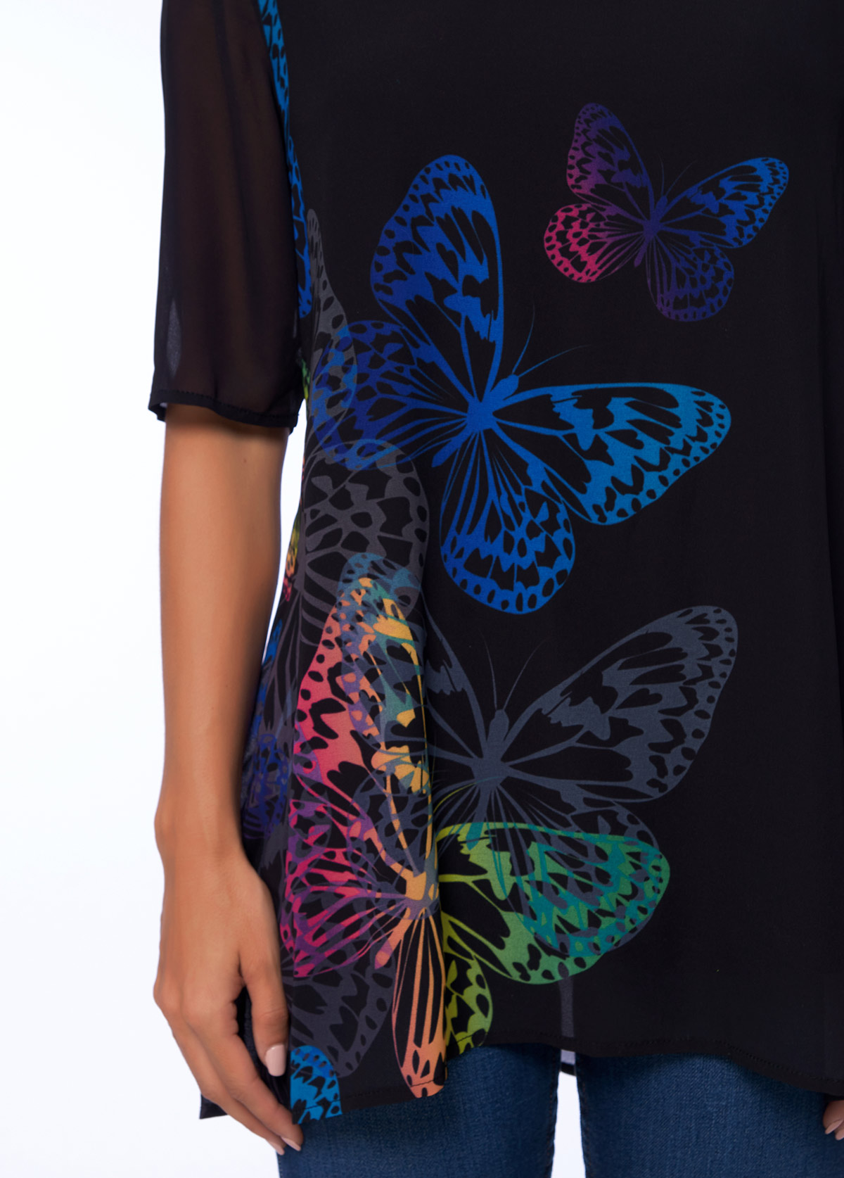 Half Sleeve Butterfly Print Round Neck T Shirt