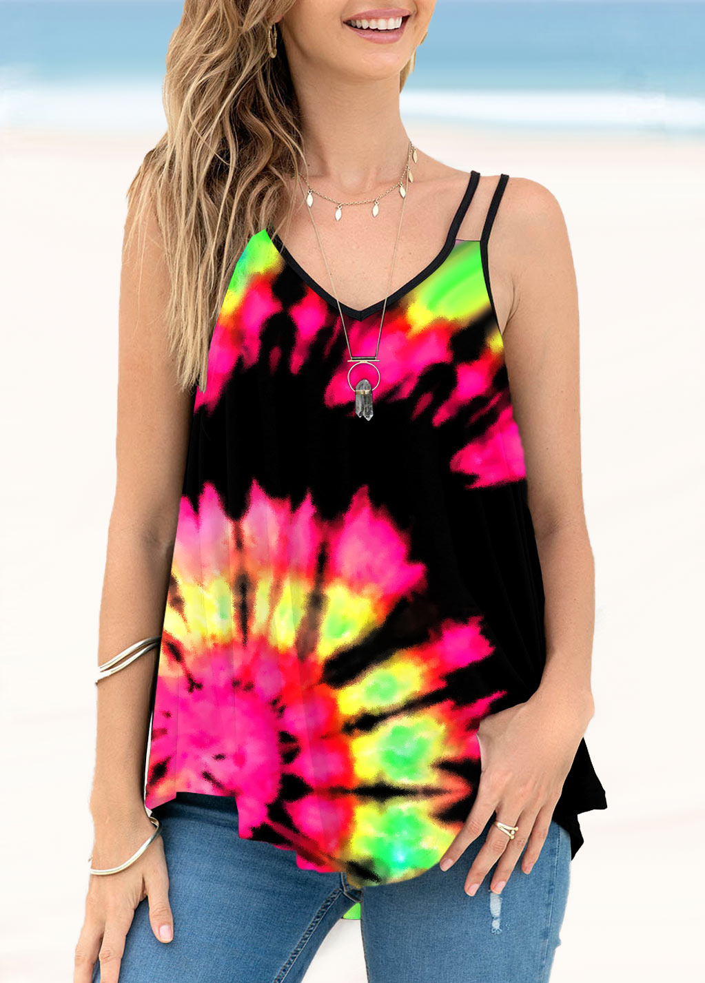 Spaghetti Strap Tie Dye Print Multi Color Camisole Top | picture 