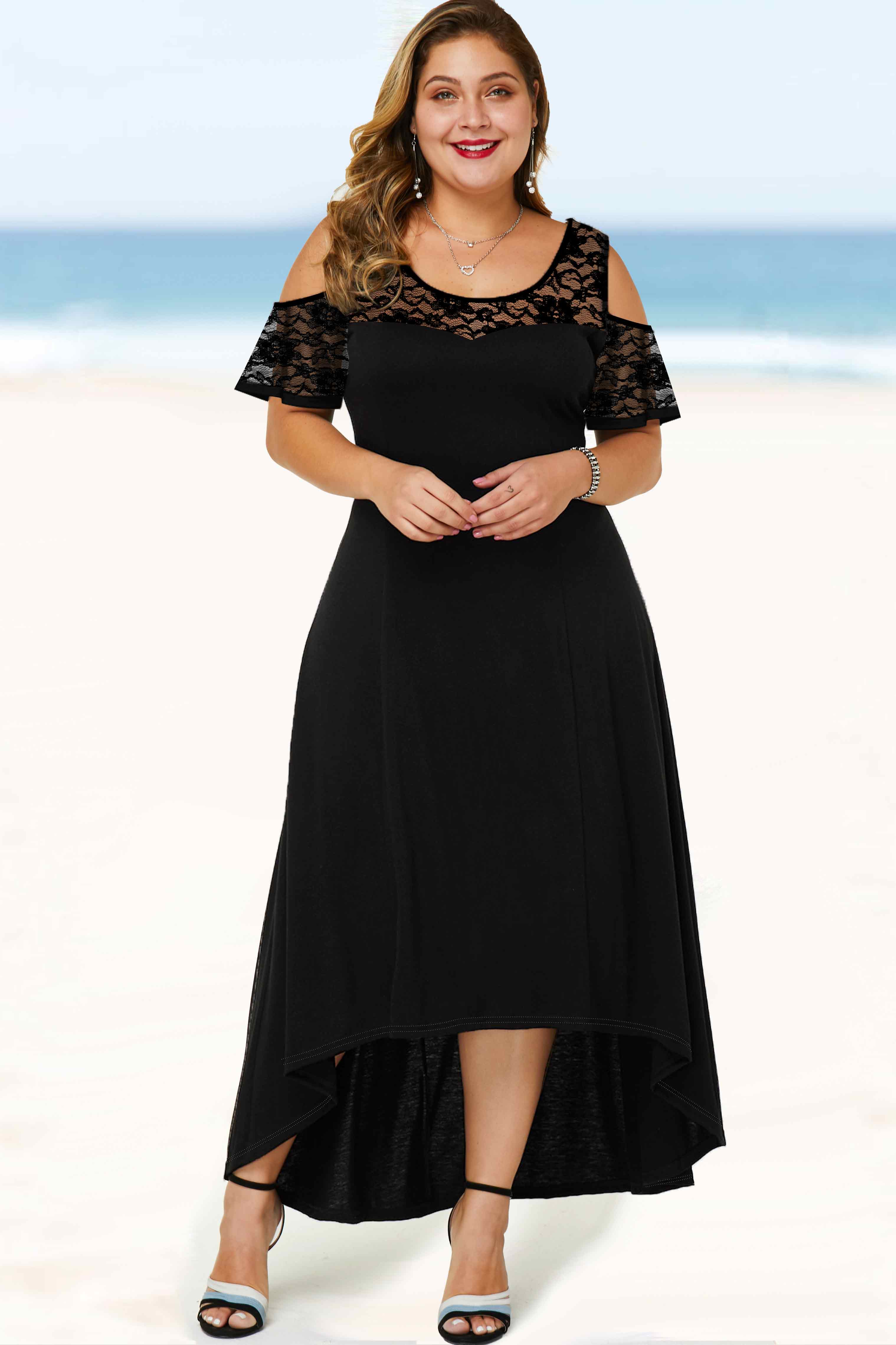 Plus Size Ruffle Sleeve Lace Stitching Dress