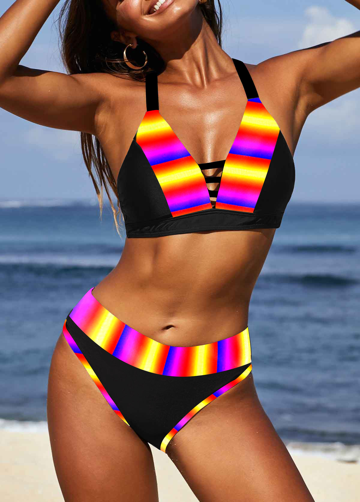 Cross Strap Mid Waist Striped Bikini Set 