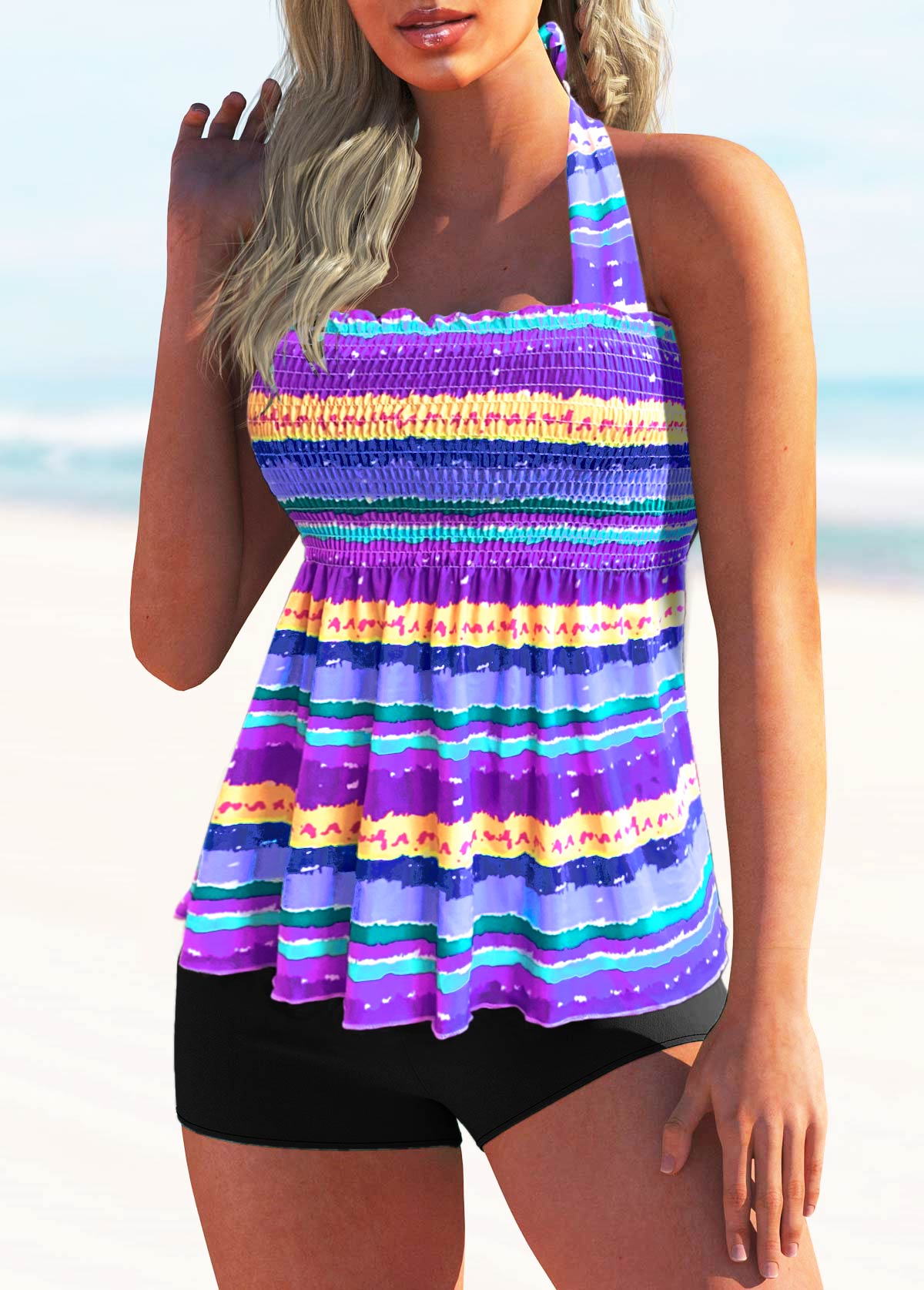 Tie Back Rainbow Stripe Smocked Tankini Set | picture 