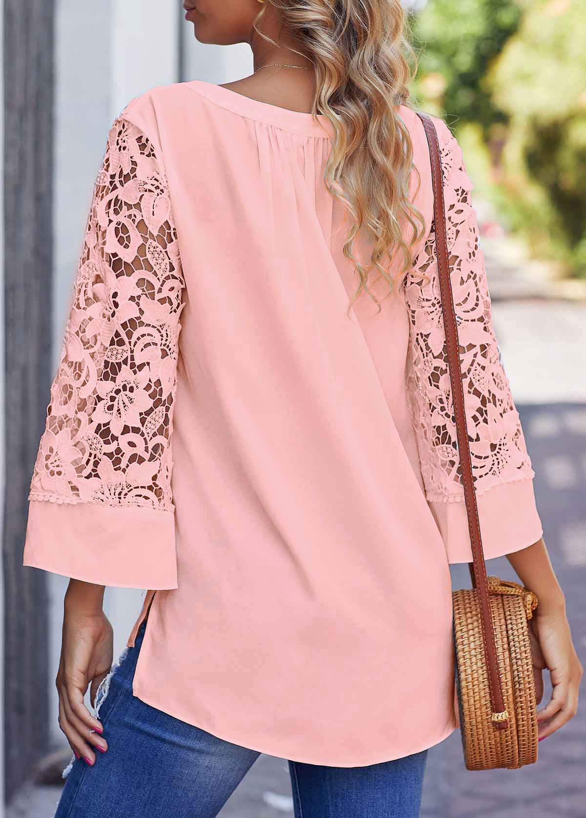 Lace Stitching Split Neck Pink Blouse