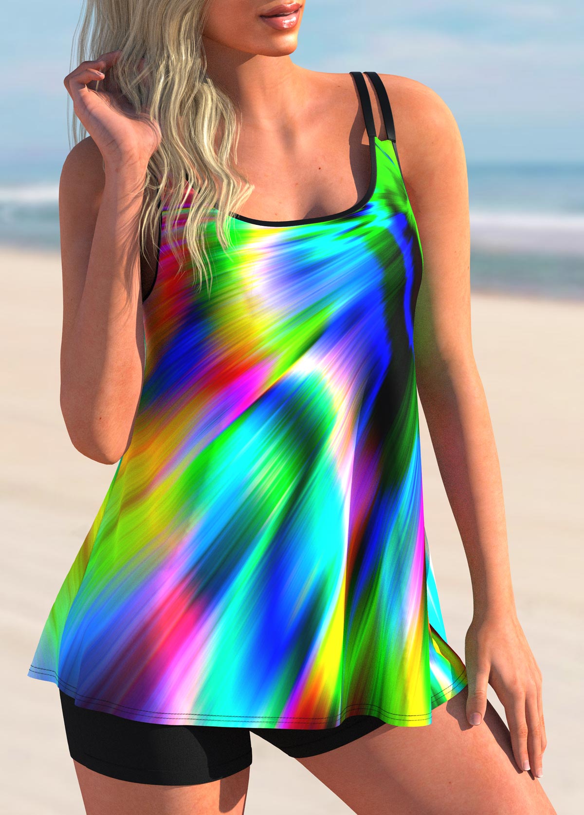 Contrast Binding Mid Waisted Dazzle Colorful Print Tankini Set