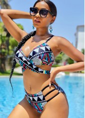 Tribal Print Mid Waist Cross Strap Bikini Set | thumb picture 