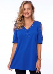 Cold Shoulder Solid V Neck T Shirt