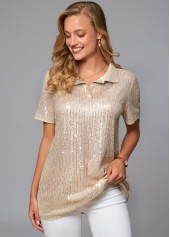 Turndown Collar Sequin Button Detail T Shirt