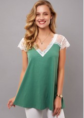 Lace Stitching V Neck Short Sleeve T Shirt