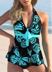 Butterfly Print Halter Bowknot Tankini Set