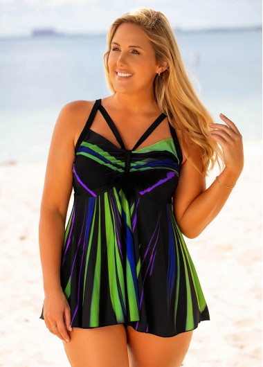Modlily Plus Size Printed Bowknot Swimdress and Panty - 2X