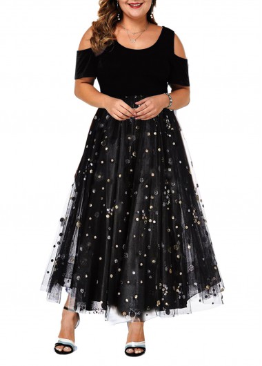 Modlily Plus Size Dress Cold Shoulder Dress Mesh Panel Dress High Waist Dress Fashion Dress Short Sleeve Dress Maxi Dress - 4X