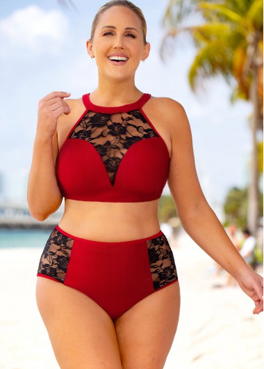 women clothes image of Plus Size Lace Stitching High Waisted Bikini Set