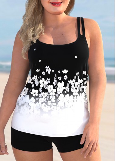 Modlily Plus Size White Floral Tankini Swimsuit With Shorts Ombre Floral Print Spaghetti Strap Tankini Set - 2X