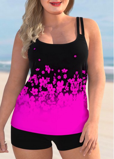 Modlily Plus Size Purple Floral Tankini Swimsuit With Shorts Ombre Floral Print Spaghetti Strap Tankini Set - 1X