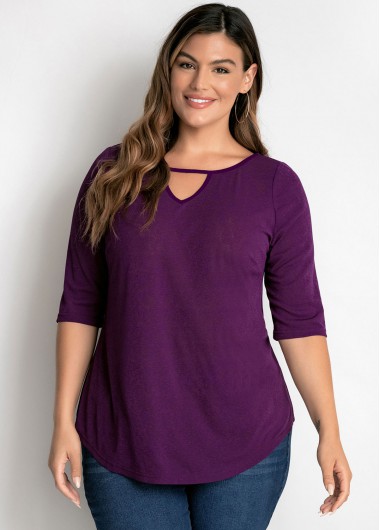 Modlily Plus Size Keyhole Neckline Purple T Shirt - 3X