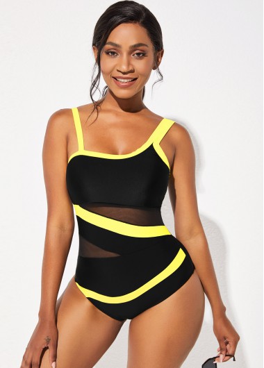 Modlily Wide Strap Mesh Stitching One Piece Swimwear - XXL
