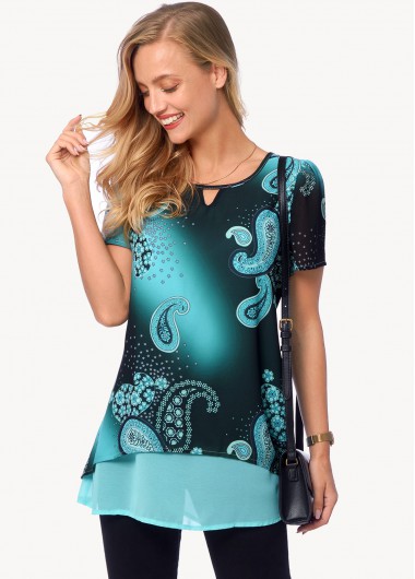 Modlily Layered Short Sleeve Paisley Print Blouse - M