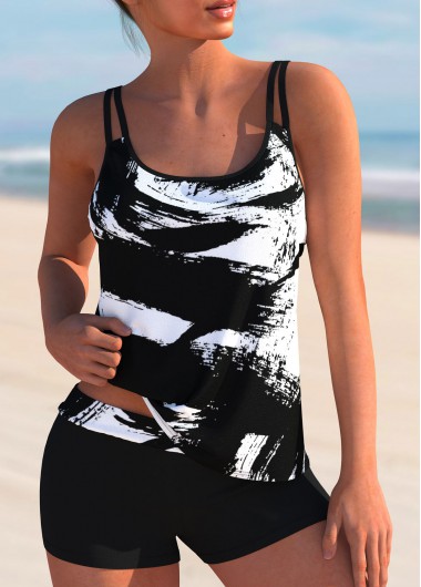 Modlily Spaghetti Strap Printed Mid Waist Tankini Set - M