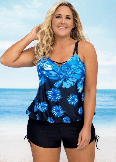 Modlily Plus Size Ombre Floral Print Cross Strap Tankini Set - 3X