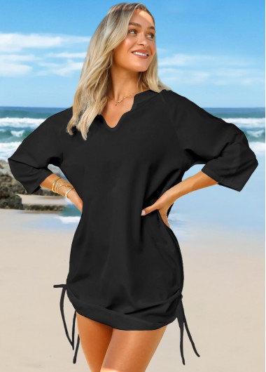 Modlily Split Neck Drawstring Side Solid Cover Up - 2XL