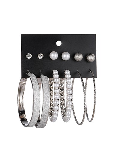 Modlily Circular Design Pearl Detail Earring Set - One Size