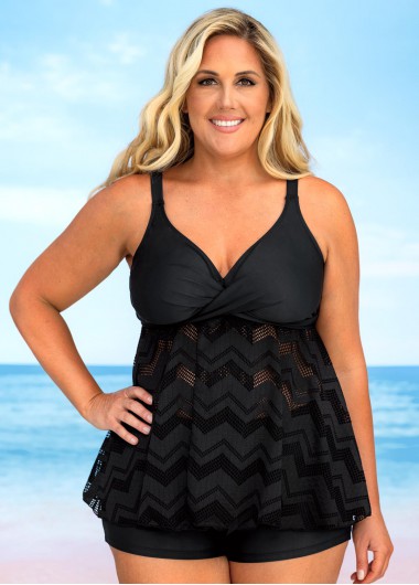 Modlily Lace Stitching Plus Size Solid Tankini Set - 2X