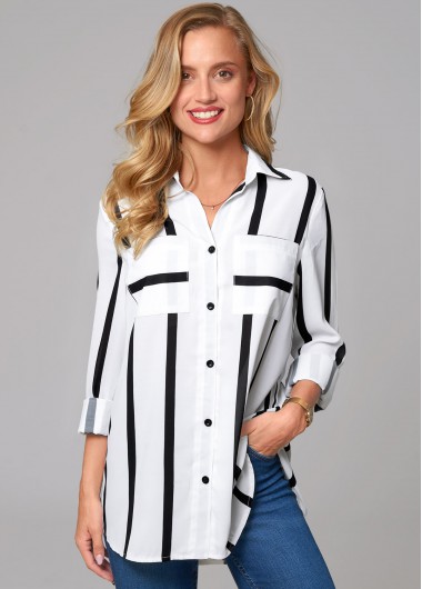 Modlily Striped Double Pocket Turndown Collar Blouse - M
