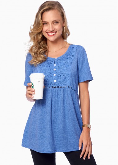 Modlily Lace Stitching Short Sleeve Button Detail T Shirt - M