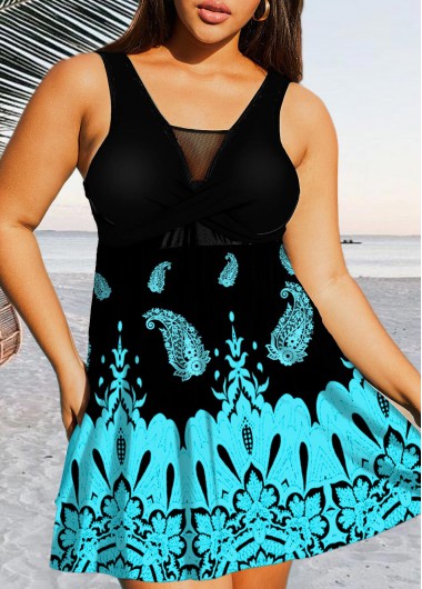Modlily Plus Size Paisley Print Mesh Stitching Swimdress Top - 3X