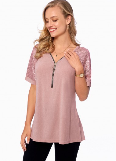 Modlily Quarter Zip Sequin Short Sleeve T Shirt - L