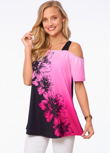 Modlily Floral Print Ombre Cold Shoulder T Shirt - XXL