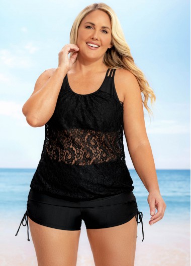 Modlily Lace Patchwork Plus Size Solid Tankini Set - 2X