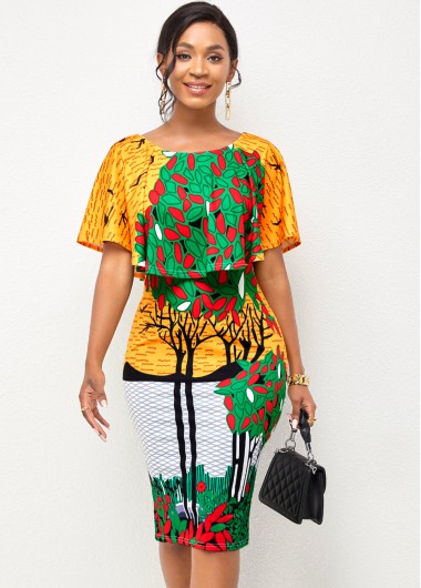 Modlily Cape Sleeve Plant Print Round Neck Dress - M