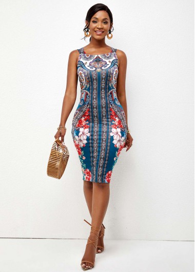 Modlily Tribal Print Wide Strap Bodycon Dress - XL