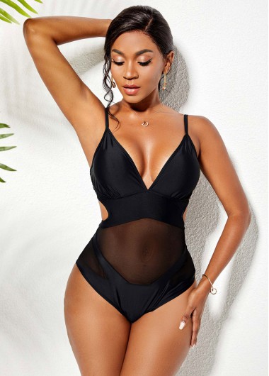 Modlily Mesh Stitching Spaghetti Strap Cutout One Piece Swimwear - XXL