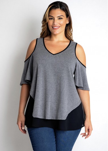 Modlily Cold Shoulder V Neck Plus Size T Shirt - 3X