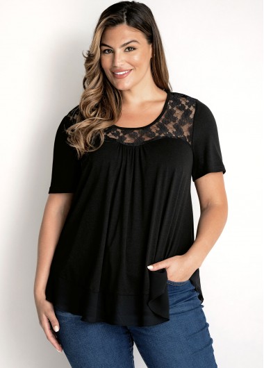 Modlily Lace Patchwork Plus Size Short Sleeve T Shirt - 3X