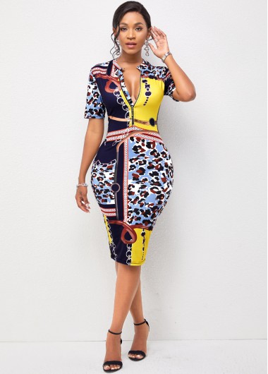 Modlily Baroque Print Quarter Zip Short Sleeve Dress - M