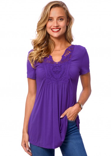 Modlily Lace Stitching Short Sleeve Solid T Shirt - M