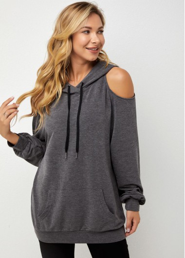 Modlily Cold Shoulder Long Sleeve Drawstring Detail Hoodie - M