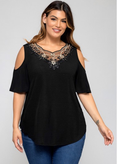 Modlily Lace Stitching Cold Shoulder Plus Size T Shirt - 2X
