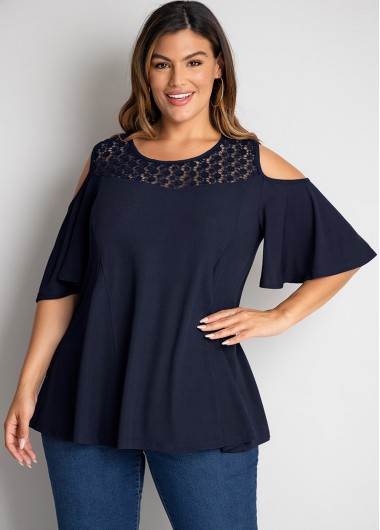 Modlily Plus Size Cold Shoulder Lace Stitching T Shirt - 3X