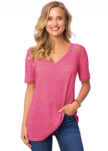 Modlily Lace Stitching V Neck Short Sleeve T Shirt - S