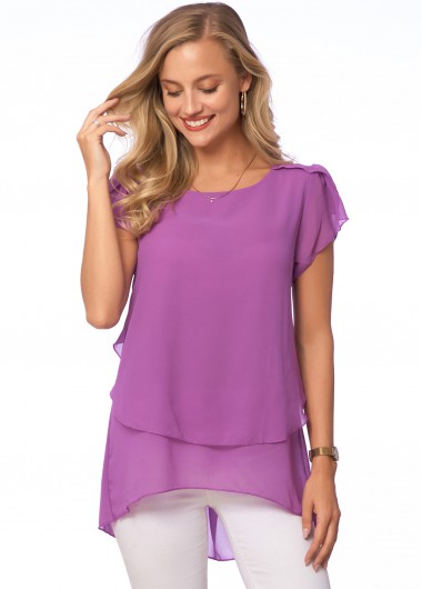 Modlily Round Neck Asymmetric Hem Double Layered Blouse - 4XL